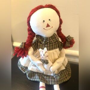Primitive Raggedy Ann Doll Sitting Holding Her Kitty Cat 16.5”